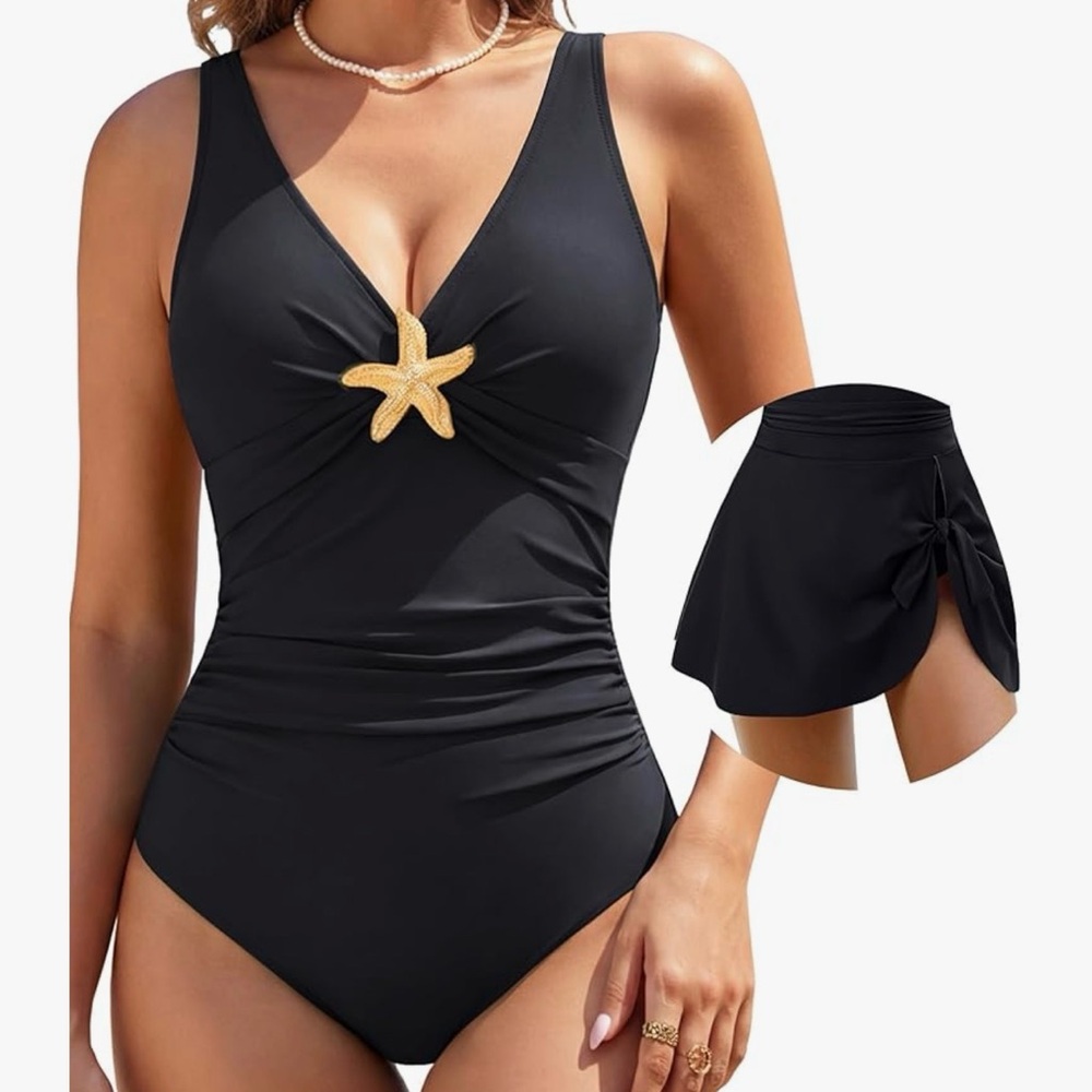 Black V-Neck One-Piece Swimsuit with Gold Starfish Accent